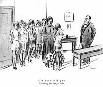 A spanking drawing of a girl stripping for her punishment in front of a group of horrified onlookers